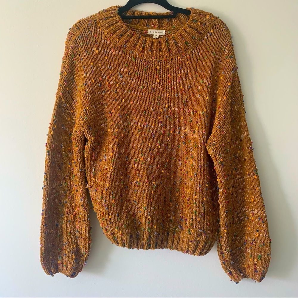 Blu Pepper Mustard Cowl Neck Colorful Speckled Sweater with Balloon Sleeves